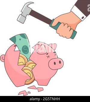 Das Sparschwein ist leer und rissig, gebrochen. Vektorgrafik in einem flachen Stil. Das Konzept von Geldmangel, Armut, Inflation. Isolierte Symbol dünne Schwein auf weißem Hintergrund Stock Vektor