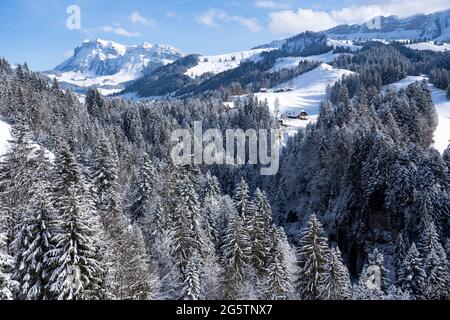 Im 'Bühl' / Aussereriz, Juwel. Eriz, mit Blick auf den Hohgant am 29.01.19. Stockfoto