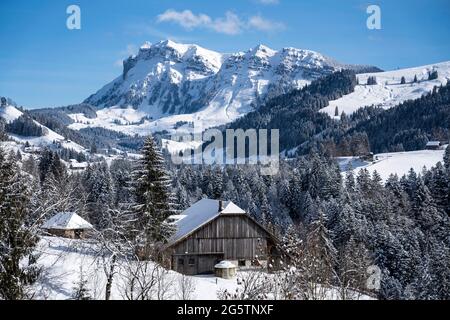 Im 'Bühl' / Aussereriz, Juwel. Eriz, mit Blick auf den Hohgant am 29.01.19. Stockfoto