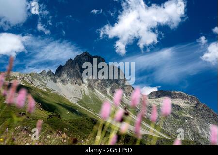 Oberengadiner Landschaft bei Grevasalvas mit Blick auf Piz Lagrev, Edelstein. Sils im Engadin/Segl, am 20.07.19. Stockfoto