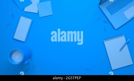 Desktop-Ansicht von oben. Blauer Hintergrund Laptop, Tasse, Bleistift, Telefon, Büroklammern. 3d-Rendering. Stockfoto