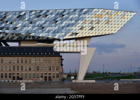 BELGIEN. ANTWERPEN. DAS HAFENBEHÖRDE-GEBÄUDE ODER HAFENHAUS (HAVENHUIS), DAS 2016 VON DER IRAKISCH-BRITISCHEN ARCHITEKTIN ZAHA HADID ENTWORFEN WURDE. Stockfoto