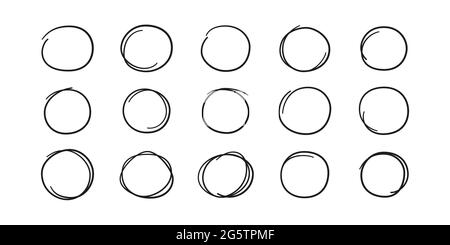 Handgezeichnete Kreise. Markieren Sie runde Rahmen. Ovale im Doodle-Stil. Satz von Vektorgrafiken, isoliert auf weißem Hintergrund Stock Vektor