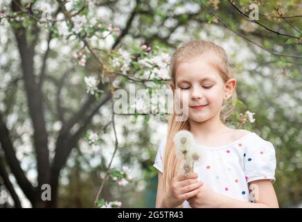 Kleines Mädchen in einem Frühlingsgarten mit weißen Dandelionen in ihren Händen Stockfoto