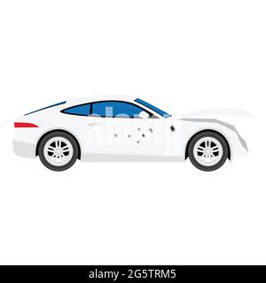 Vector Illustration. Defekte und beschädigte Autos. Einschusslöcher in Sport Auto. Transport kriminellen Verkehrsunfall Stock Vektor