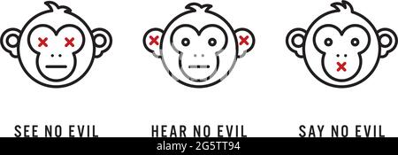 Three Wise Monkeys minimalistischer Vektorlinien-Symbolsatz. Affengesichter, die japanische Maxime darstellen. Stock Vektor