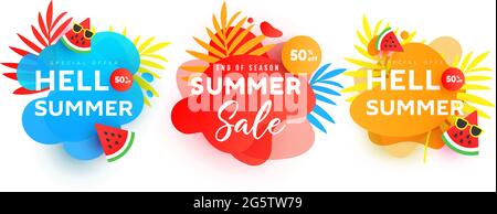 Bright Summer Verkauf Banner Design Set. Geometrische Banner in Farbverlauf mit fließenden, flüssigen Formen und tropischen Blättern für Banner und Grußkarten Stock Vektor