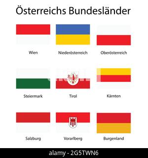 Vektor Icon Set, Sammlung Österreich Bundesländer Fahnen. Burgenland, Vorarlberg, Salzburg, Tirol, Kärnten, Steiermark, Niederösterreich und Oberösterreich. Stock Vektor