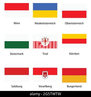 Vektor Icon Set, Sammlung Österreich Bundesländer Fahnen. Burgenland, Vorarlberg, Salzburg, Tirol, Kärnten, Steiermark, Niederösterreich und Oberösterreich. Stock Vektor