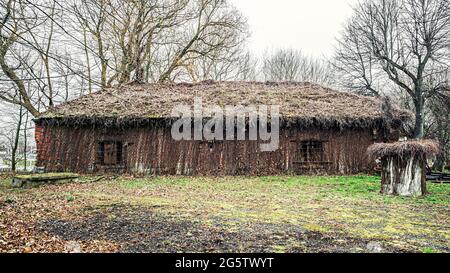Altes Ziegelgebäude mit überwucherten Wänden, Gras und Moos auf dem Dach, verlassene Struktur Stockfoto