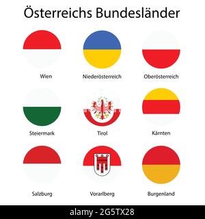 Vektor Icon Set, Sammlung Österreich Bundesländer Fahnen. Burgenland, Vorarlberg, Salzburg, Tirol, Kärnten, Steiermark, Niederösterreich und Oberösterreich. Stock Vektor