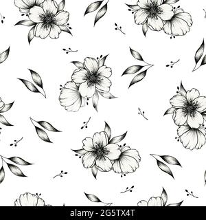 Schwarz-weiße Grafik mit nahtlosem floralem Muster auf weißem, botanischem Hintergrund mit handgezeichneten Blumen, Blättern und Ästen, florale Tuschezeichnung Stockfoto