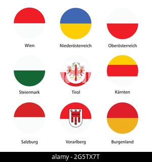 Vektor Icon Set, Sammlung Österreich Bundesländer Fahnen. Burgenland, Vorarlberg, Salzburg, Tirol, Kärnten, Steiermark, Niederösterreich und Oberösterreich. Stock Vektor