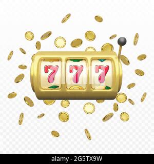 Golden Spielautomat realistische Rendering. Großer Gewinn beim Jackpot-Casino-Gewinn. 777 auf Spielautomaten Räder und Münzen regen auf Hintergrund. Vektor Stock Vektor