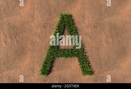 Konzept konzeptuelle grüne Sommer Rasen Gras Symbol Form auf braunem Boden oder Erde Hintergrund, Schriftart A. 3d-Illustration Metapher für die Natur, conservatio Stockfoto