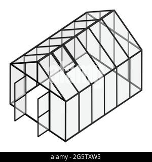 Leeres Gewächshaus mit geöffneter Tür und geschlossenem Fenster, isometrische Ansicht isoliert auf weißem Hintergrund. Glashaus. Stock Vektor