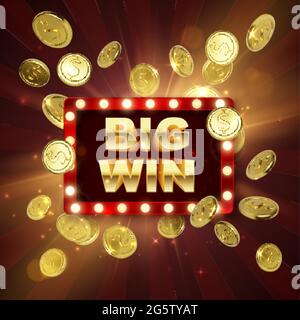 Jackpot-Casino-Gewinner. Großes Gewinnbanner. Retro-Schild mit fallenden Goldmünzen. Vektorgrafik Stock Vektor