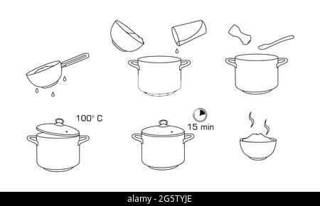 Wie Reis zu kochen mit wenigen Zutaten leichte Rezept. Anweisung für Reis für das Frühstück. Heiße Schüssel mit leckerem Essen. Stock Vektor