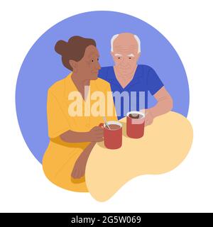 Seniorenpaar, das neben dem Tisch sitzt, einen verbalkenden Mann und eine ältere Frau, die Tee und Kaffee trinkt, Menschen, die in Jahren Zeit miteinander verbringen Vektor Illustration Stock Vektor