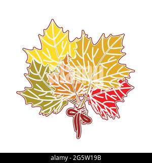 Ein Bukett aus bunten Herbstblättern aus Ahorn, gebunden mit einem dekorativen Band. Ein Aufkleber oder Symbol für Ihr Design auf weißem Hintergrund isoliert. Vektorgrafik Stock Vektor