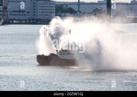 Schlepper mit Feuerlöschkanonen, um Auf Wiedersehen zu RMS Queen Mary 2 und Queen Elizabeth zu sagen, die Halifax Hafen Kanada verlassen Stockfoto