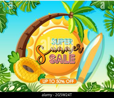 Super Summer Sale Logo mit tropischen Blättern Banner-Vorlage Illustration Stock Vektor