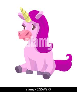 Sitzend niedliches Einhorn. Märchenfigur im Cartoon-Stil. Stock Vektor