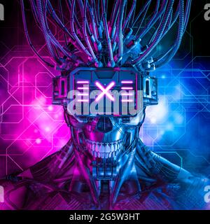 Hardwired Cyberpunk Schädel Roboter / 3D-Illustration von Science Fiction Cyberpunk Schädel konfrontiert grinsend android trägt futuristische Virtual Reality Brille Stockfoto