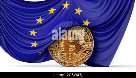 Die Flagge der Europäischen Union drapierte über einer Bitcoin-Kryptowährung-Münze. 3D-Rendering Stockfoto