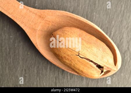 Eine reife Pekannuss mit einem Holzlöffel, Nahaufnahme, auf einem Schieferbrett, Draufsicht. Stockfoto