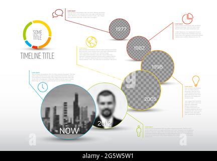 Vektor-Infografik Zeitleiste Vorlage aus Kreis Foto Platzhalter mit Textinhalt gemacht - helle Version mit einfachen Farblinie. Infotafel für die Zeitlinie Stock Vektor