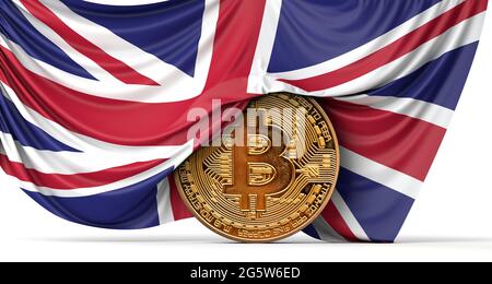 Britische Flagge drapierte über einer Bitcoin-Kryptowährung-Münze. 3D-Rendering Stockfoto