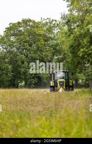 Sommergrasschnitt, Forest of Dean. CLAAS 820 Axion Traktor und Schneider. Stockfoto