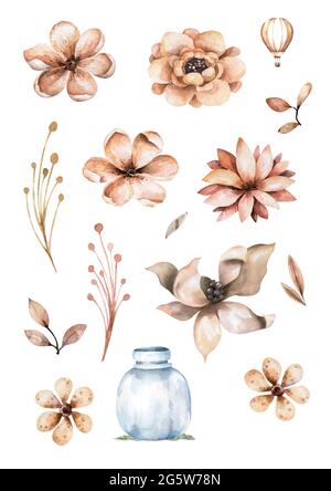Aquarell Boho Blüte Blume Set. Frühling oder Sommer Dekoration floral Bohemian Design. Aquarell isoliert. Laubdarstellung mit Kirsche, grün Stockfoto