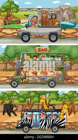 Set aus verschiedenen horizontalen Safari-Szenen mit Tieren und Kindern Cartoon-Figuren-Illustration Stock Vektor