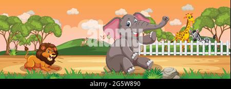 Waldpanorama bei Tagesaufnahme mit verschiedenen Wildtieren Illustration Stock Vektor
