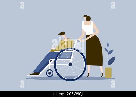Behinderter Mann, der auf einem Rollstuhl sitzt und von einer Frau unterstützt wird Stock Vektor