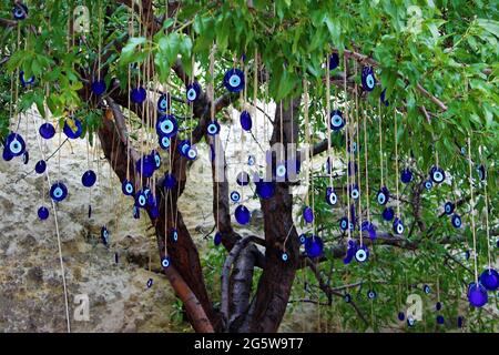 Blaue, böse Augenperlen hingen an einem Baum Stockfoto