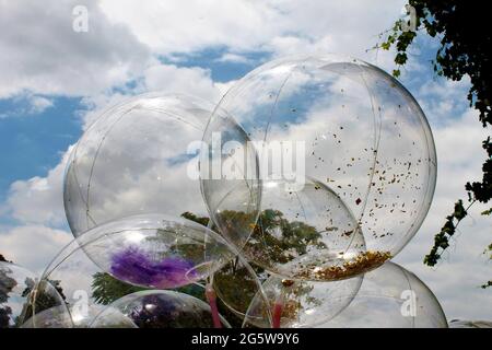 Transparente Luftballons dahinter, blauer Himmel, weiße Wolken, grüne Bäume Stockfoto