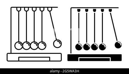 Lineares Symbol der newton-Wiege. Kugeln hängen an Saiten. Studieren der Anziehungskraft im Physikunterricht an der Schule. Einfacher Schwarz-Weiß-Vektor Stock Vektor