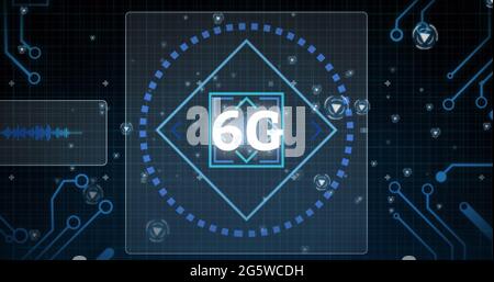 Bild von 6 g Text mit Scan-Bereich und Datenverarbeitung auf Bildschirmen über Gitter Stockfoto