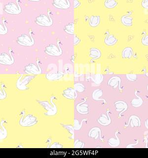 Vektor Nahtloses niedliches Schwanenvögel-Set, umrissene Silhouetten, moderner stilvoller Hintergrunddruck Stock Vektor