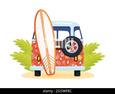 Schöner roter Van mit Surf und Reserverad auf der Rückseite. Vektorgrafik für den Sommer am Strand. Stock Vektor