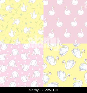 Vektor Nahtloses niedliches Schwanenvögel-Set, umrissene Silhouetten, moderner stilvoller Hintergrunddruck Stock Vektor
