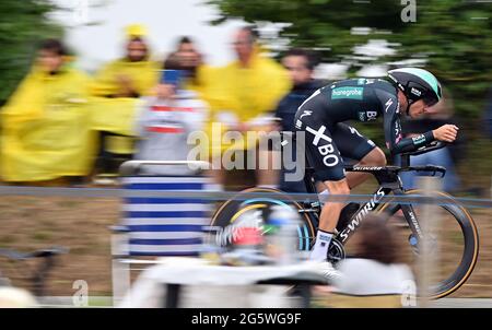 Der Österreicher Patrick Konrad von Bora-Hansgrohe zeigte sich bei der fünften Etappe der 108. Radtour der Tour de France, 27,2 km, in Aktion Stockfoto