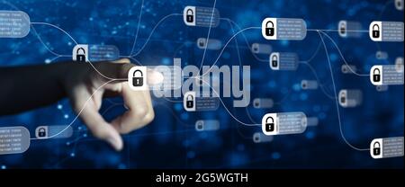 Geschäftsmann geben moderne Technologie und digitale Schichteffekte als Geschäftsstrategie an die Hand. Blockchain-Technologie mit Diagramm von Kette und verschlüsselten Blöcken. Stockfoto