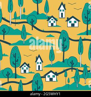 Nahtloses Vektormuster mit Häusern und Bäumen auf gelbem Hintergrund. Land Haus Landschaft Tapete Design. Dekorative Landmode Textil. Stock Vektor