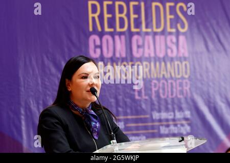 Nicht exklusiv: MEXIKO-STADT, MEXIKO 28. JUNI: Laura Rojas, Bundesabgeordnete der Nationalen Aktionspartei Mexikos, spricht während der Konferenz der in Stockfoto