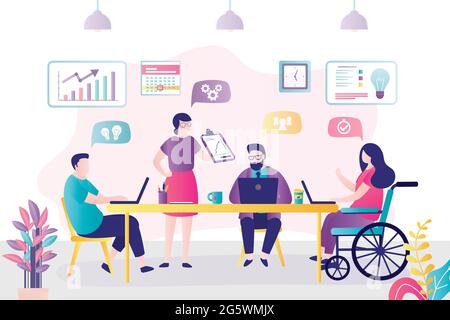 Die Menschen diskutieren über neue Ideen und Statistiken. Behinderte Frau arbeitet im Büro. Kollegen diskutieren geschäftliche Themen. Konzept der sozialen Zugänglichkeit für pe Stock Vektor