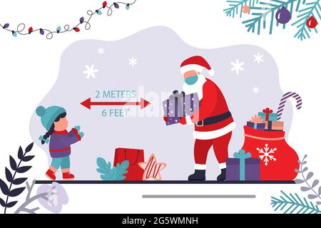 Weihnachtsmann und Mädchen treffen Vorsichtsmaßnahmen während einer Pandemie. Der Weihnachtsmann in Schutzmaske gibt dem Kind Geschenke. Soziale Distanz bewahren. Winterurlaub Stock Vektor